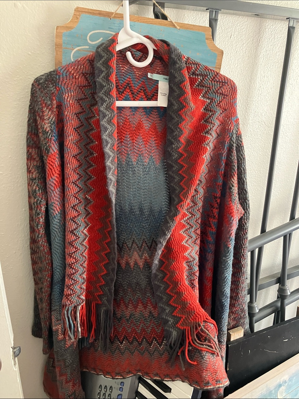 Maurices Zigzag Open-Front Fringe Cardigan - Red & Gray